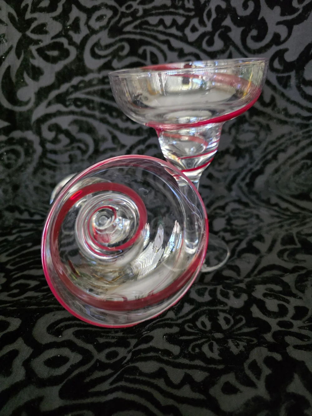 Vintage Pier 1 Clear Coupe Glasses with Red Swirl Accent - Set of 2